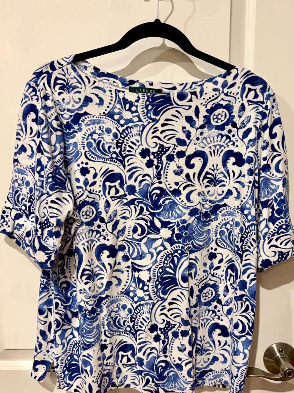 Talbots Blue and White Printed Short Sleeve Tee